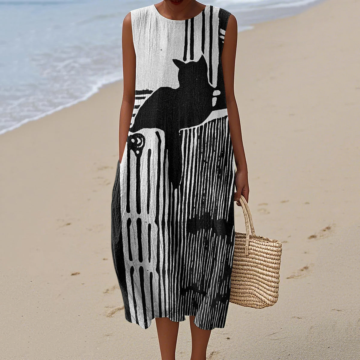 Women's Retro Geometric Black Cat Art Pattern Cotton And Linen Dress