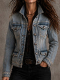 Vintage Distressed Washed Denim Collar Tailored Jacket