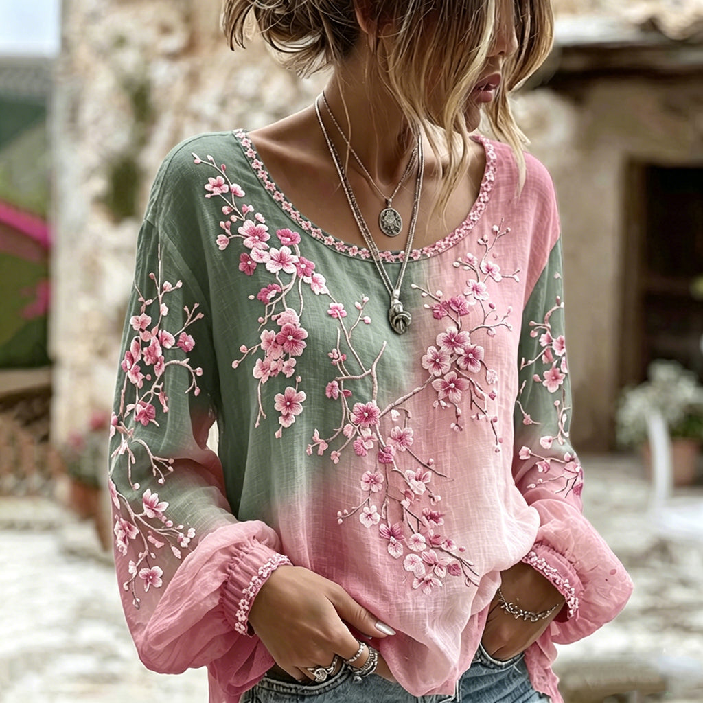 Women's Retro Sakura Gradient Art Round Neck Long Sleeve T-shirt