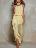 Flowy Pale Yellow Chiffon Backless Pleated Maxi Dress