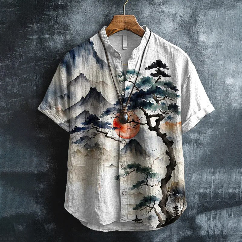Men's Ink Art Landscape Painting Print Short Sleeve Shirt