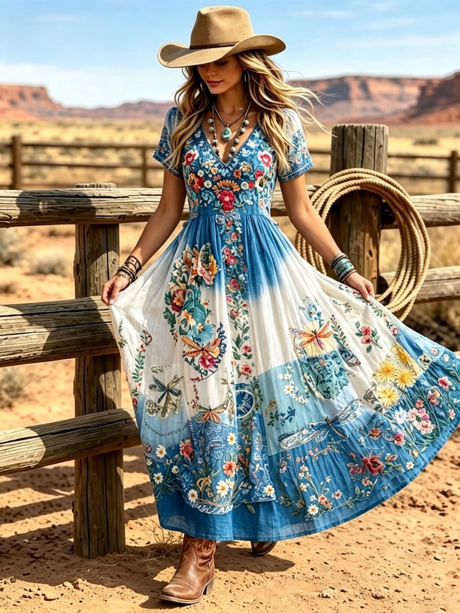 Women's Western Vintage Linen-Blend Maxi Dress