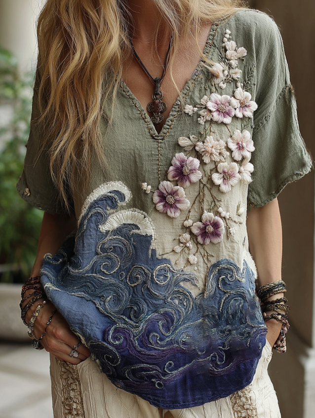 Classy Vintage Gradient Japanese Sakura Cherry Blossoms Embroidered Pattern Linen V Neck T-shirt