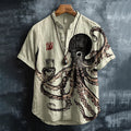 Men's Vintage Octopus Art Print Linen Blend Short Sleeve Shirt