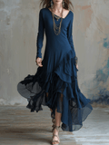 Bohemian Asymmetric Ruffle Chiffon Maxi Dress Navy Blue