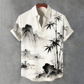 Japanese Ink Landscape Pattern Men's Linen Short Sleeve Shirt