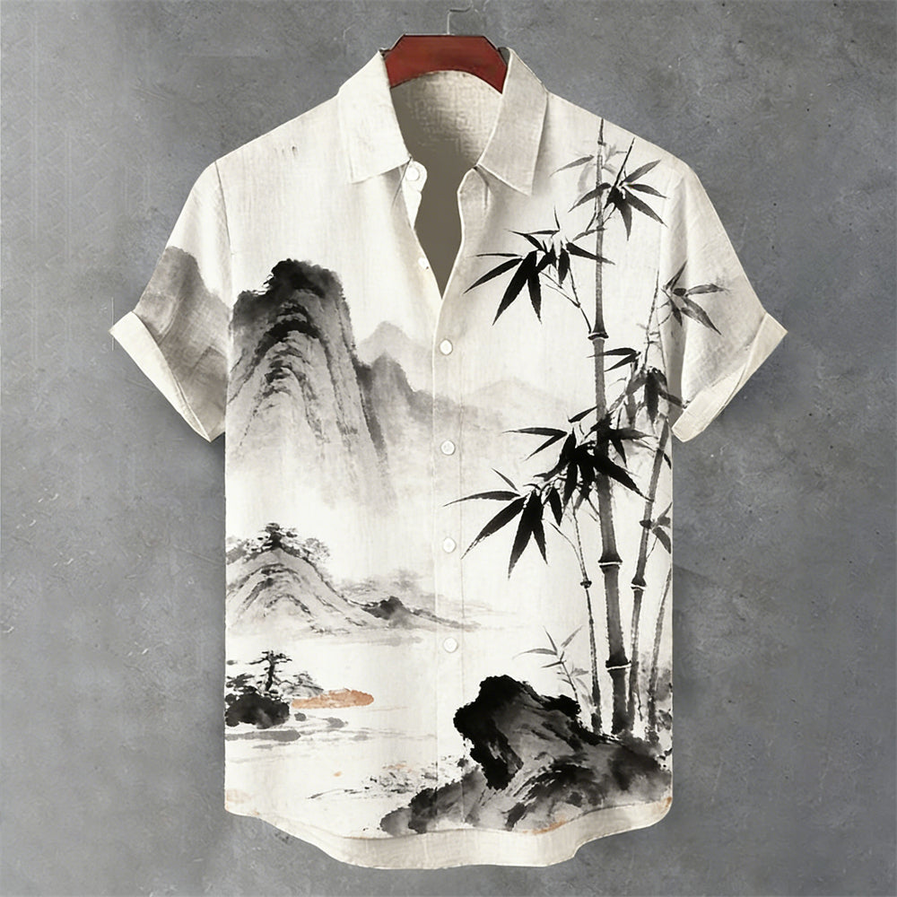 Japanese Ink Landscape Pattern Men's Linen Short Sleeve Shirt