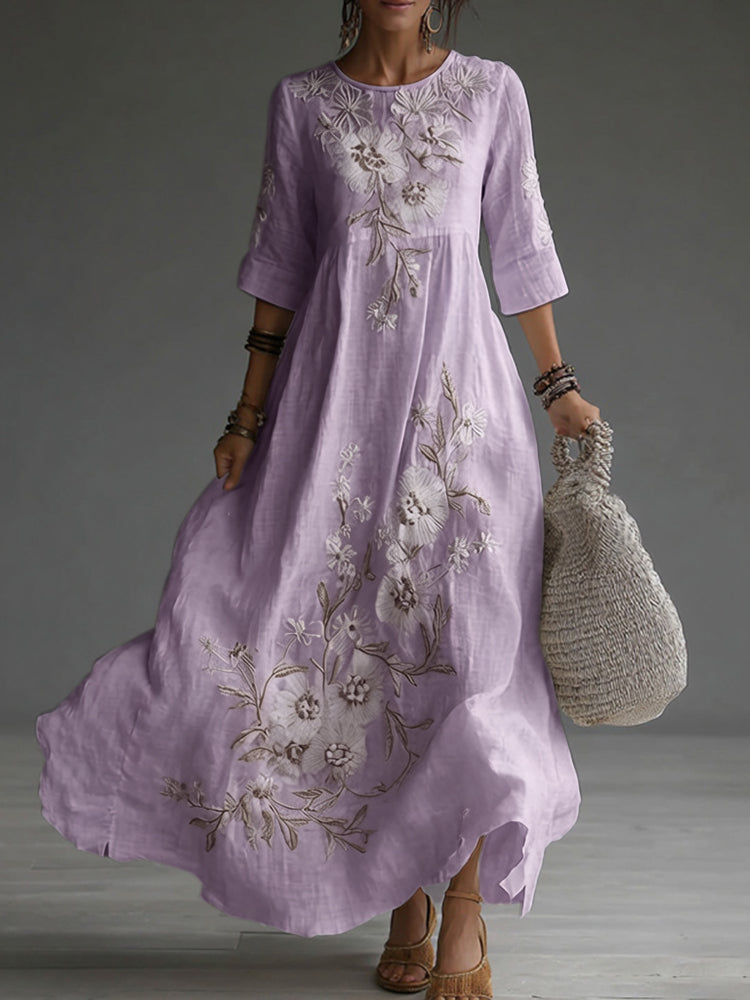 Japanese Floral Art Embroidered Casual Linen Maxi Dress