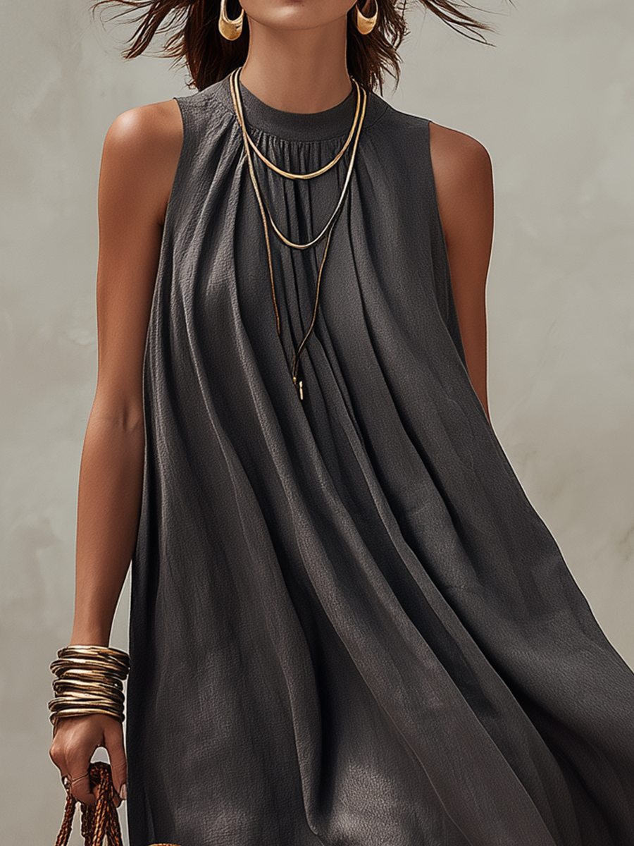 Oversized Charcoal Gray Linen Halter Midi Dress
