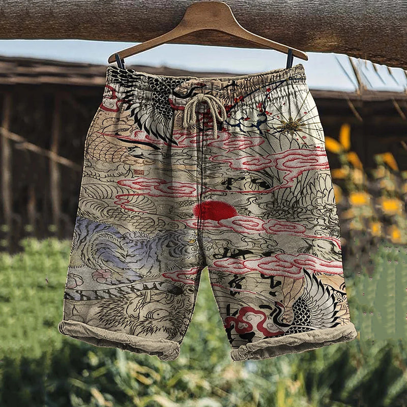 Men's Japanese Crane Dragon Retro Art Print Casual Shorts