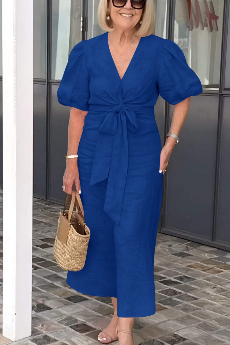 V-neck Tie-waist Puff Sleeve Cotton Dress