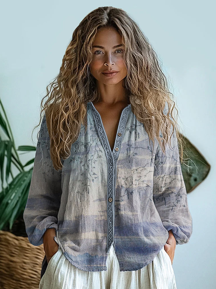 Bohemian Style Linen Graduate Floral Art Print Long Sleeve Shirt