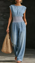 Women's Sleeveless Denim Wide-Leg Jumpsuit with Slim Waist Design