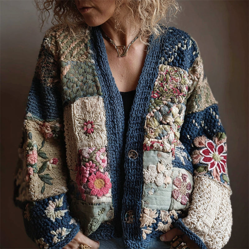Japanese Floral Sashiko Art Embroidered Patchwork Cozy Knit Cardigan