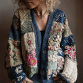 Japanese Floral Sashiko Art Embroidered Patchwork Cozy Knit Cardigan