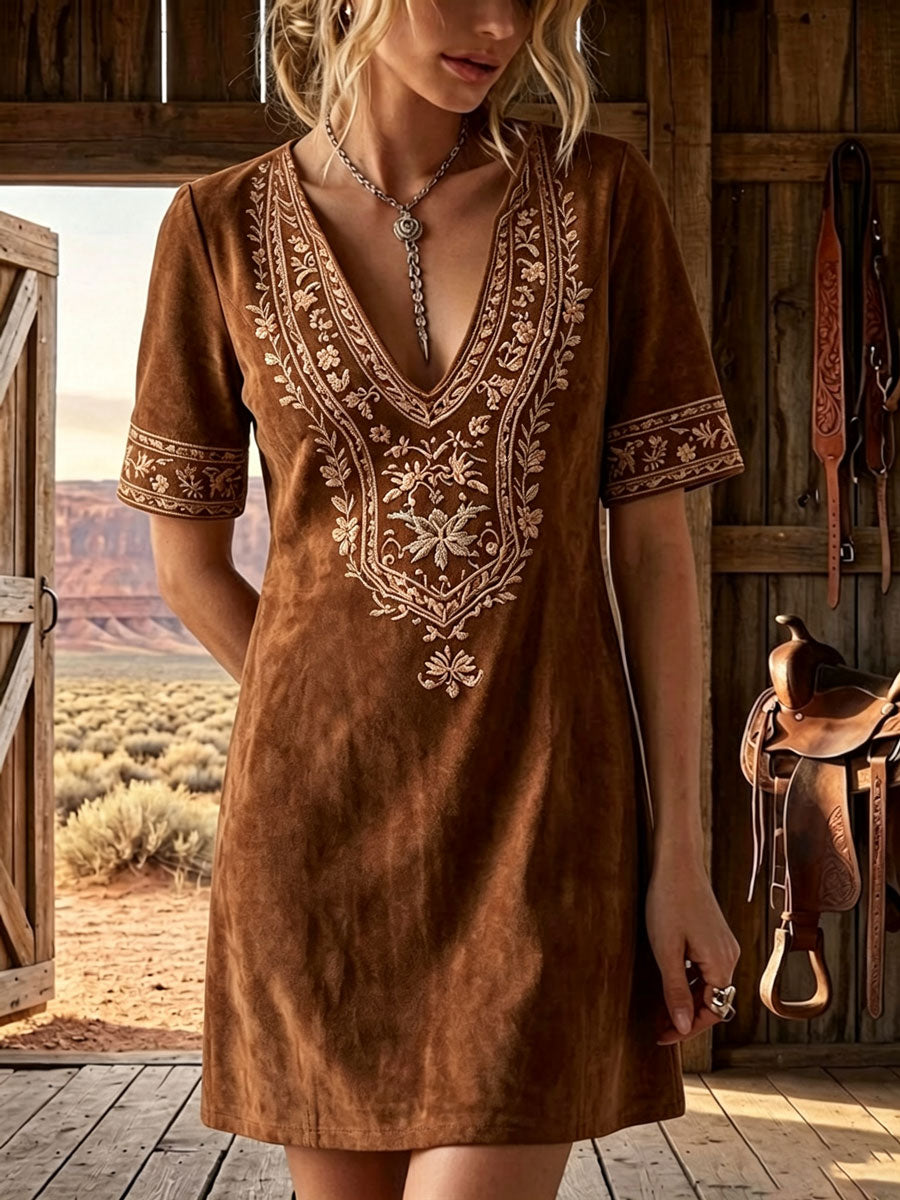 Ladies' Western Style Floral Pattern V-Neck Dress
