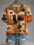 Women's Autumn Floral Plaid Patchwork Black Cat Print T-Shirt