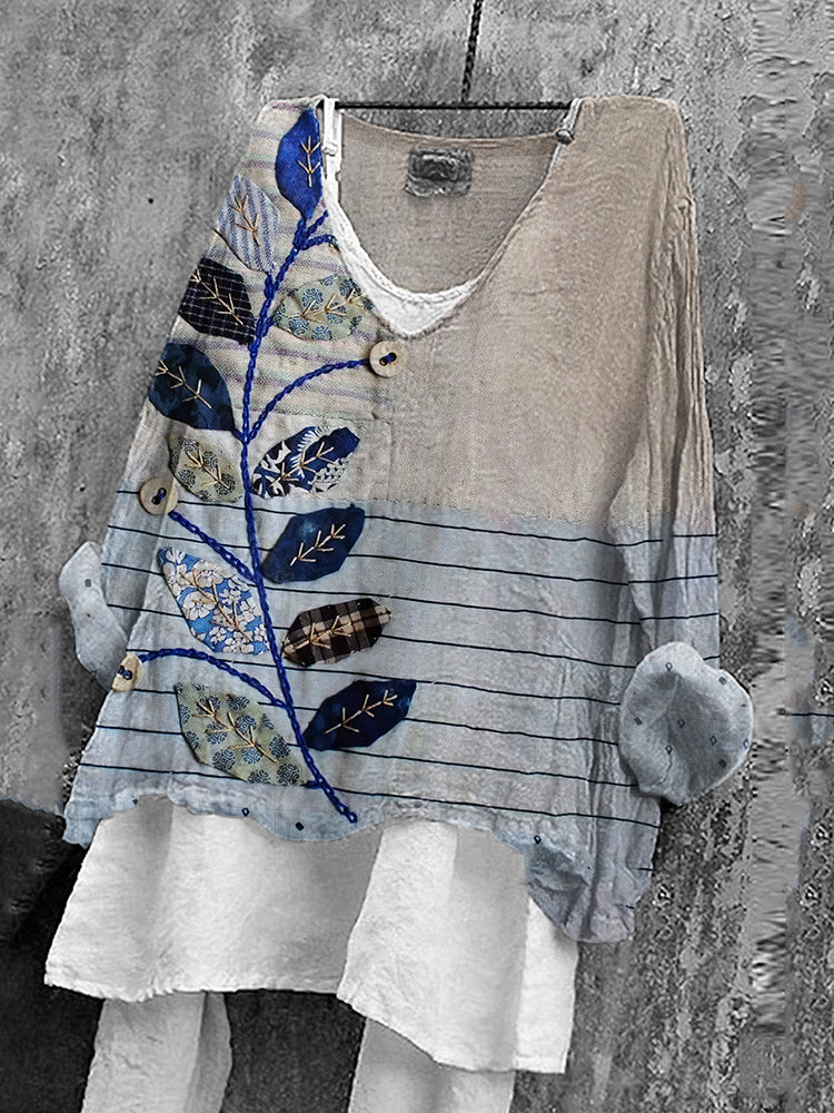 Vintage Floral Art V Neck Linen Blend Blouse
