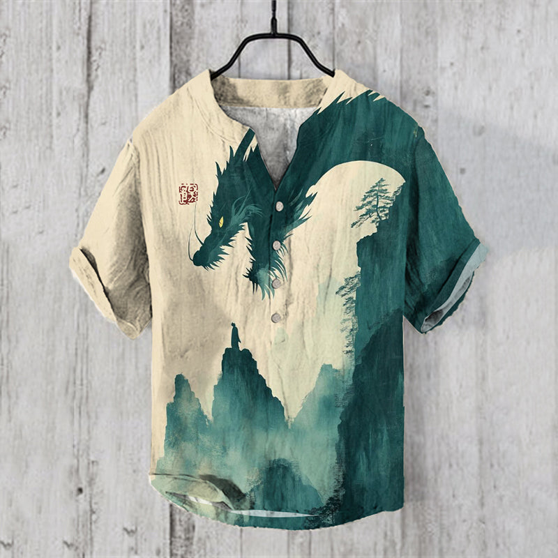 Japanese Ukiyo-e Dragon Landscape Art Linen Blend Shirt