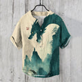 Japanese Ukiyo-e Dragon Landscape Art Linen Blend Shirt