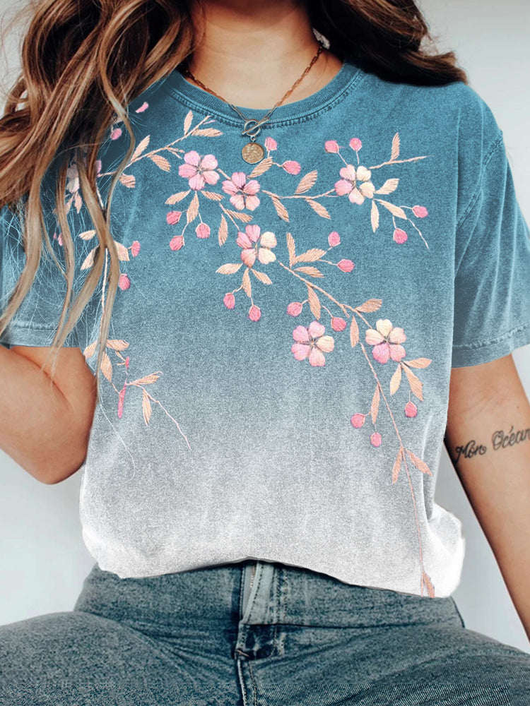 Cherry Blossom Japanese Embroidered Gradient T Shirt
