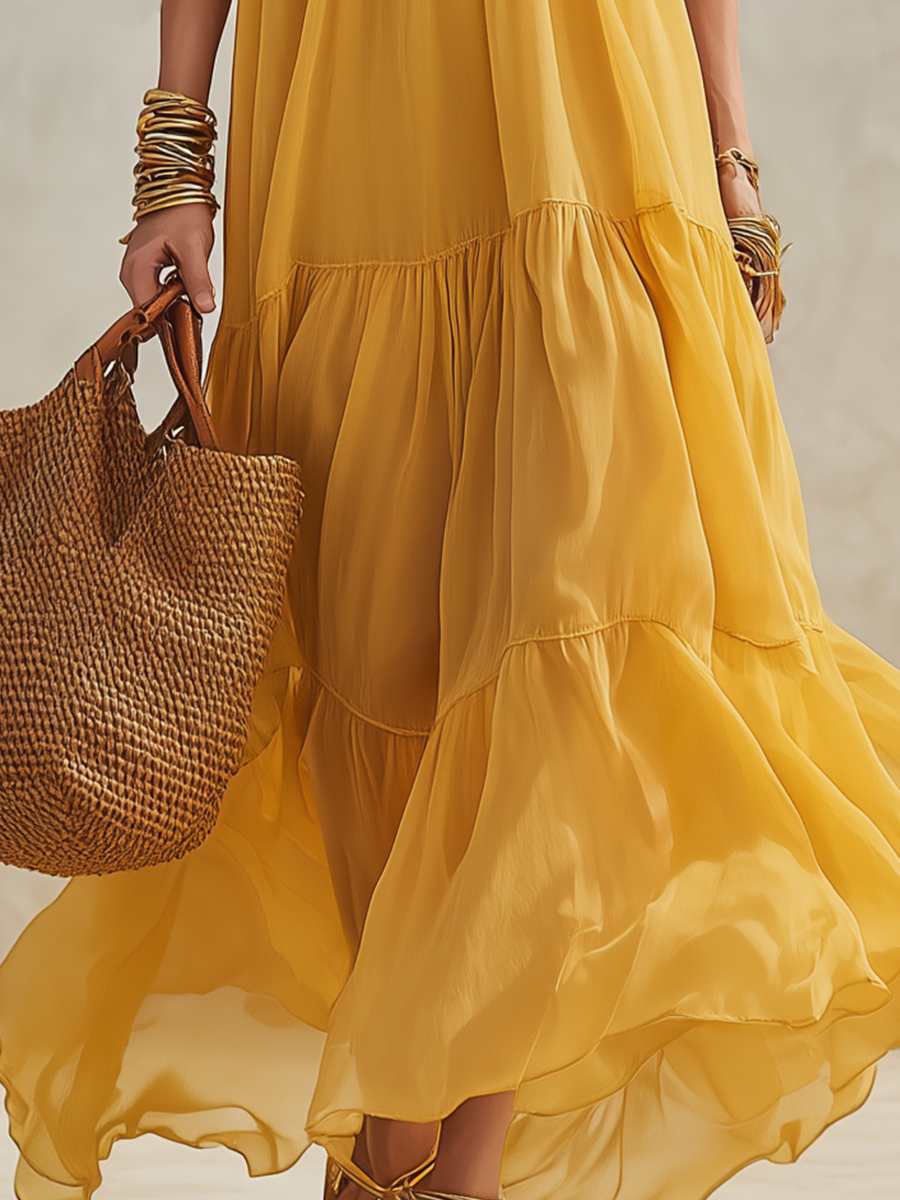 Vibrant Sunflower Yellow Off-the-Shoulder Tiered Chiffon Maxi Dress