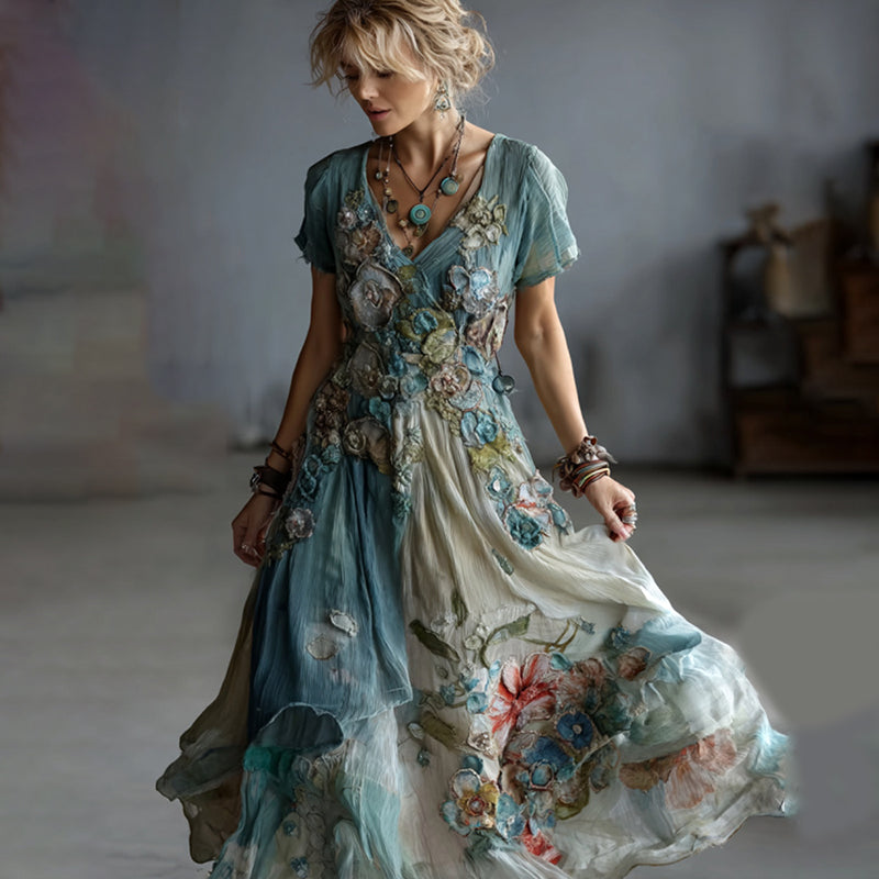 Vintage Gradient Blue Floral Embroidered Linen V Neck Maxi Dress
