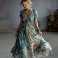 Vintage Gradient Blue Floral Embroidered Linen V Neck Maxi Dress