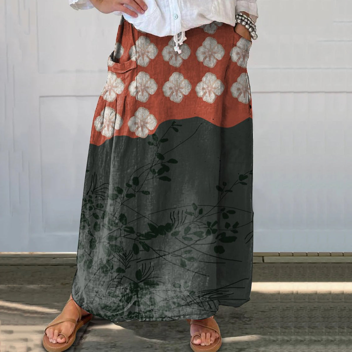 Japanese Art Flower Print Loose Skirt