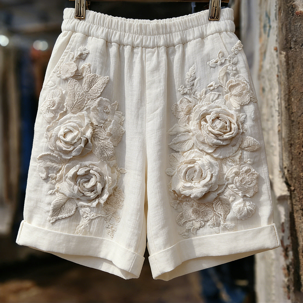 Vintage Rose Embroidery Art Blend Washed Cotton Linen Shorts