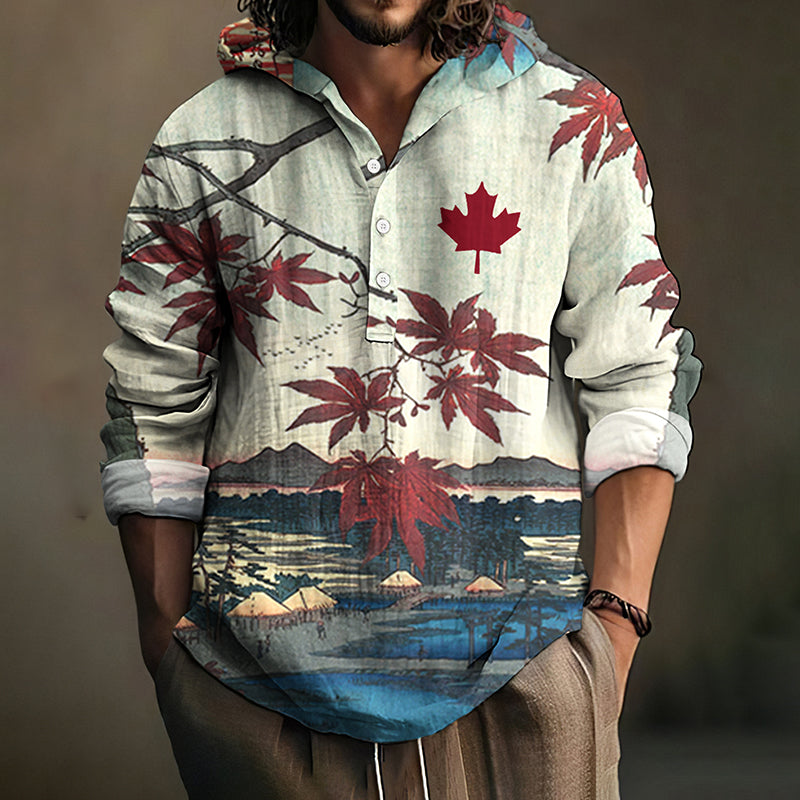 Men's Japanese Maple Leaf Art Print Linen Blend Hooded Shirt