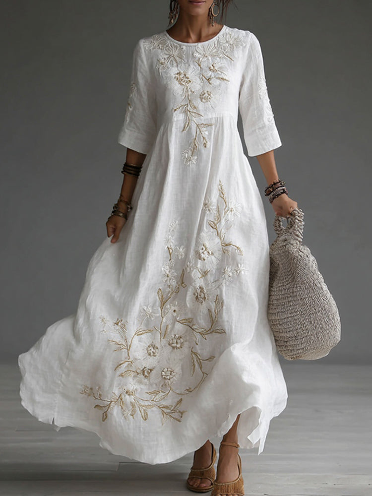 Japanese Floral Art Embroidered Casual Linen Maxi Dress