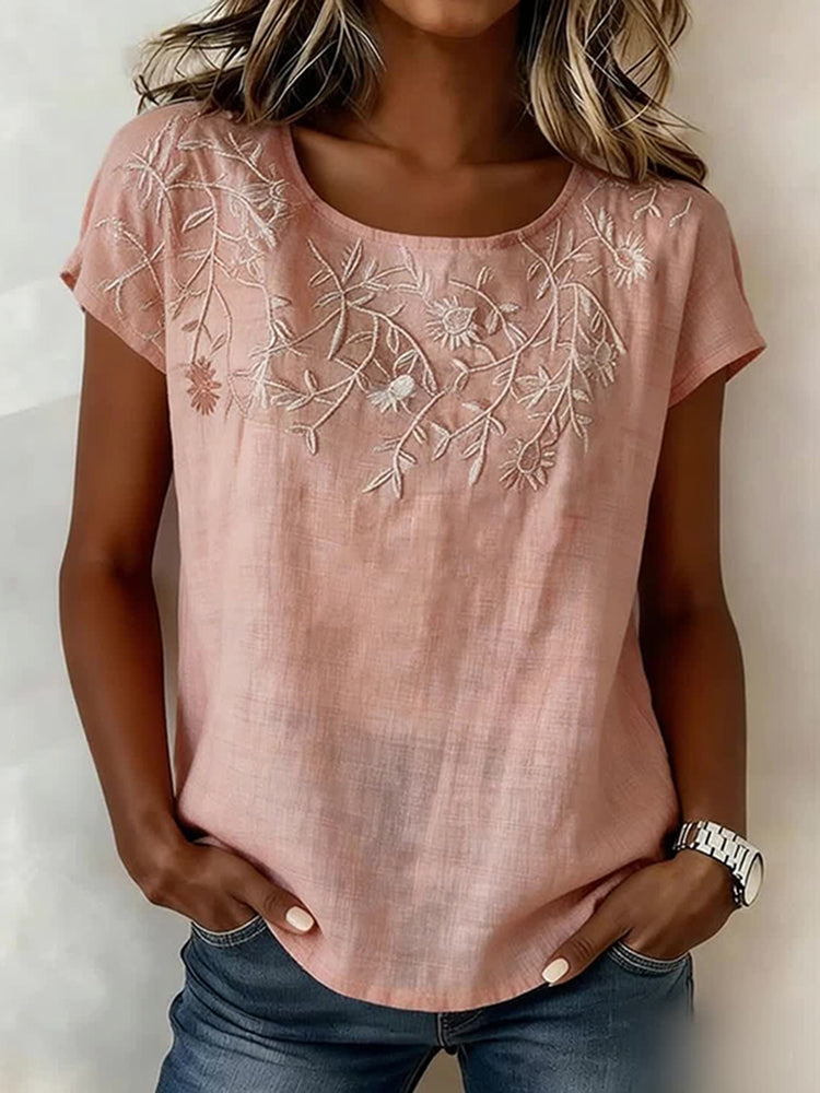 Women's Casual Embroidered Short-sleeve Cotton-linen Top