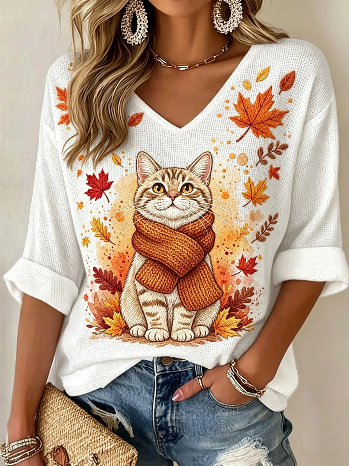 Women's Autumn Cat Print Waffle Casual T-Shirt
