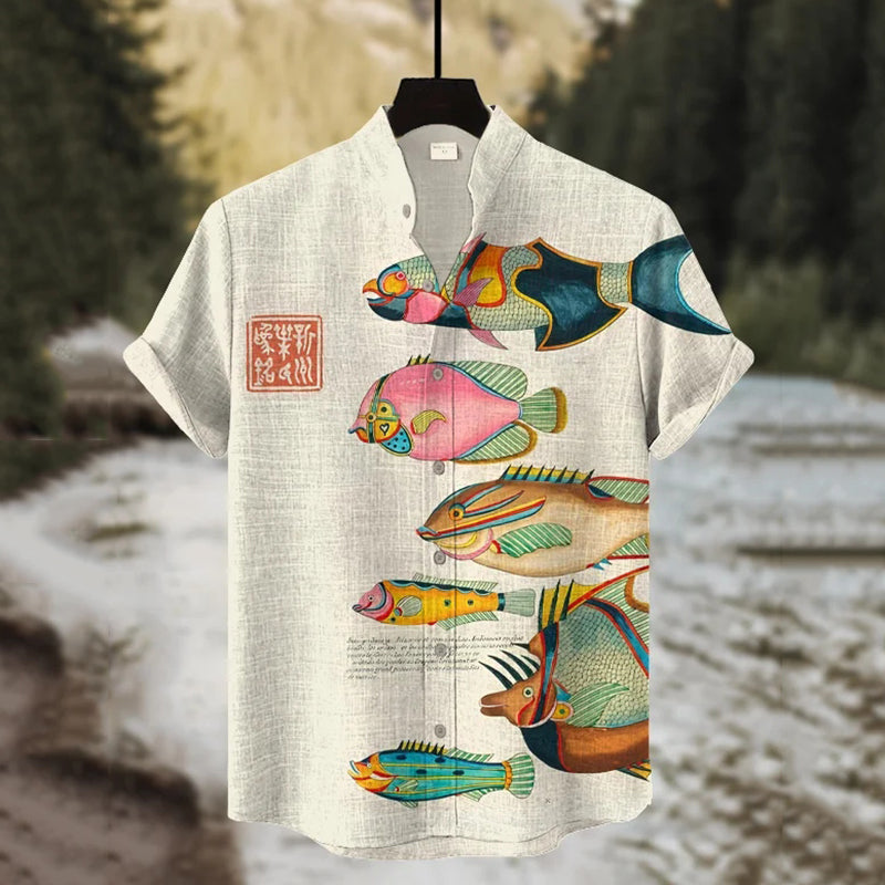 Men's Colorful Fish Art Print Short Sleeve Shirt