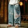 Men's Retro Floral Calligraphy And Dragon Pattern Art Linen Pants