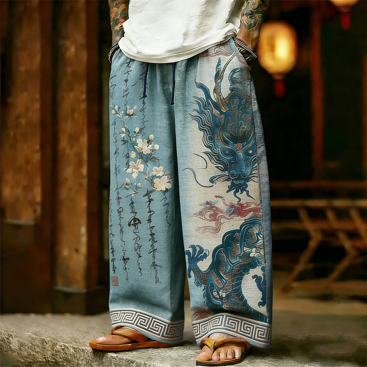 Men's Retro Floral Calligraphy And Dragon Pattern Art Linen Pants