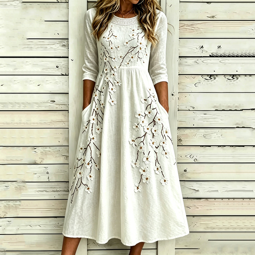 Women's Vintage Floral Art Print Linen Dress
