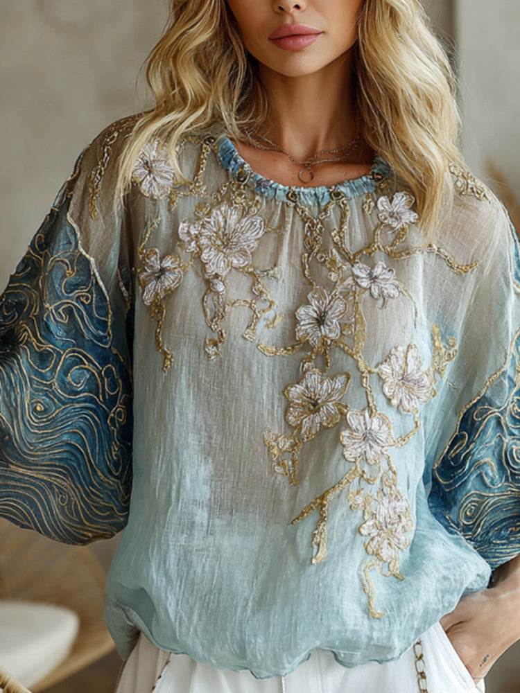 Vintage Gradient Marble Texture With Cherry Blossoms Pattern Art Linen Shirts