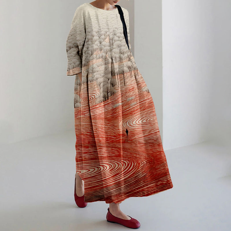 Vintage Zen Garden Art Pattern Linen Blend Maxi Dress