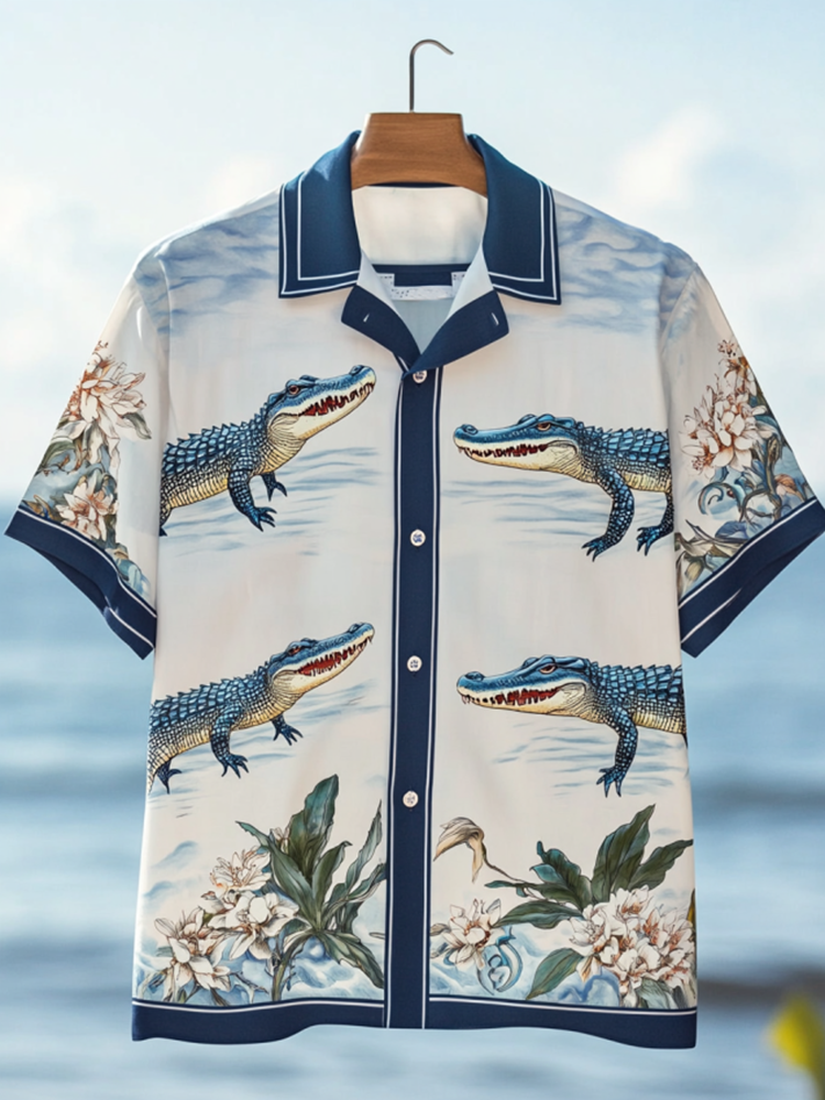 Men's Flower Hawaii Crocodile Art Linen Blend Cozy Shirt