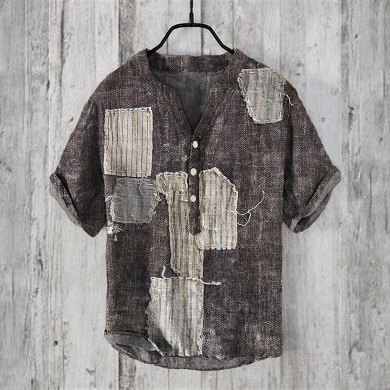 Men's Vintage Frayed Patchwork Washed Linen Blend Shirt