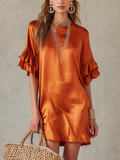 Elegant Rust Satin Ruffle-Sleeve Mini Dress
