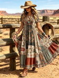 Women's Western Vintage Linen-Blend Maxi Dress