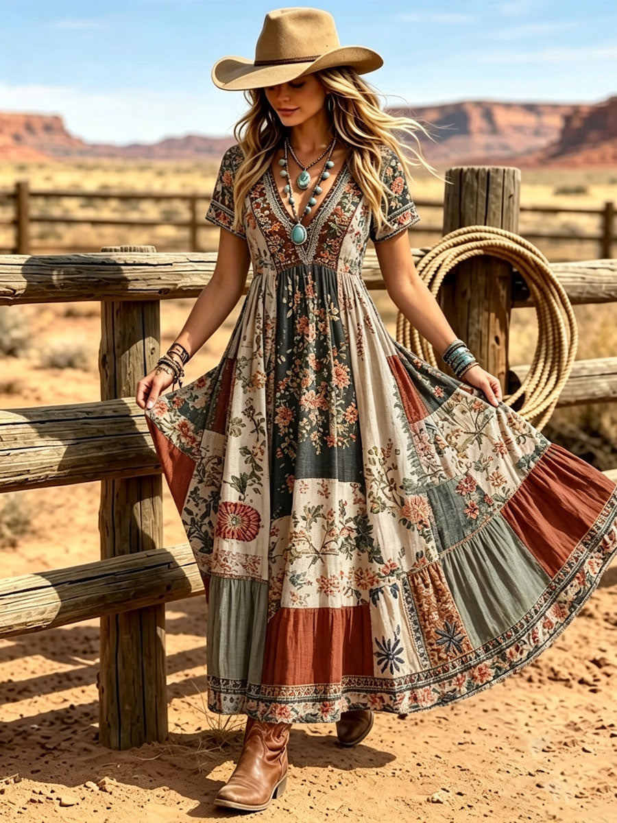 Women's Western Vintage Linen-Blend Maxi Dress