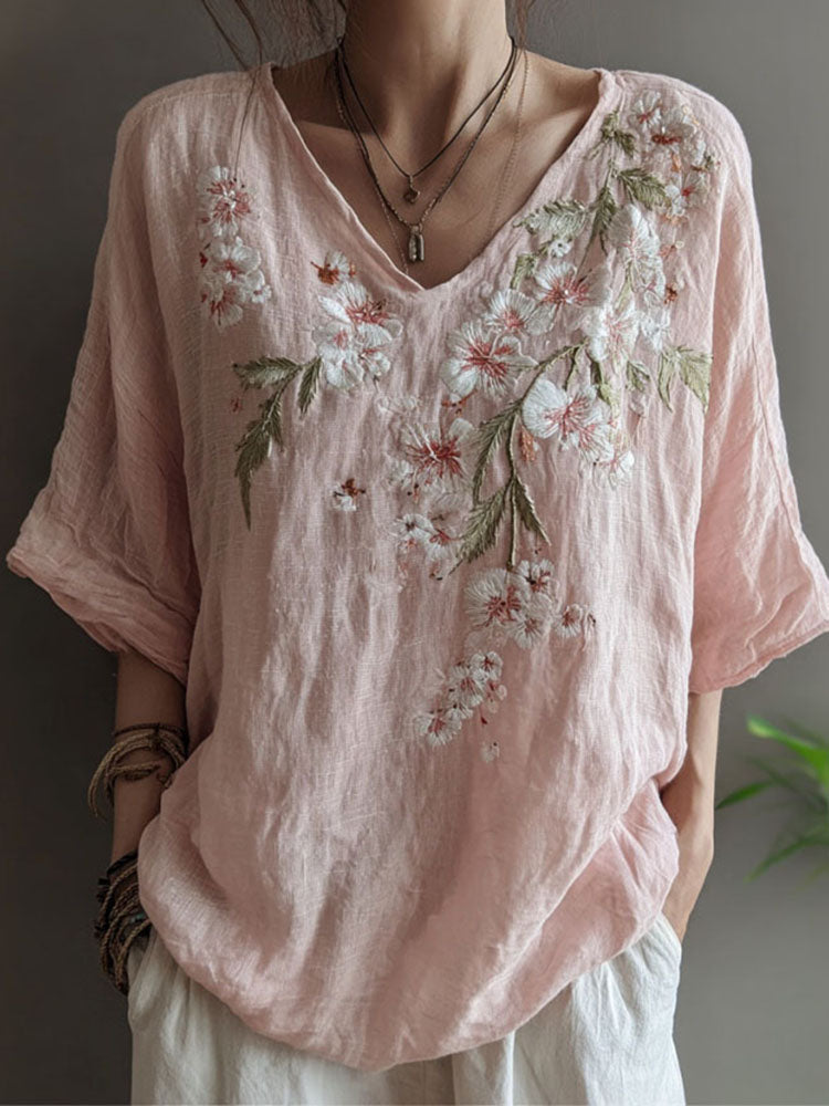 Women's Floral Art Print Linen Blend T-shirt