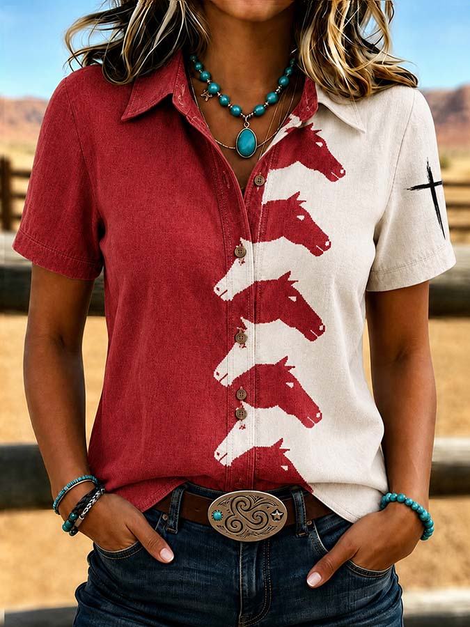 Women'S Retro Western Style Cross Short Sleeved Shirt