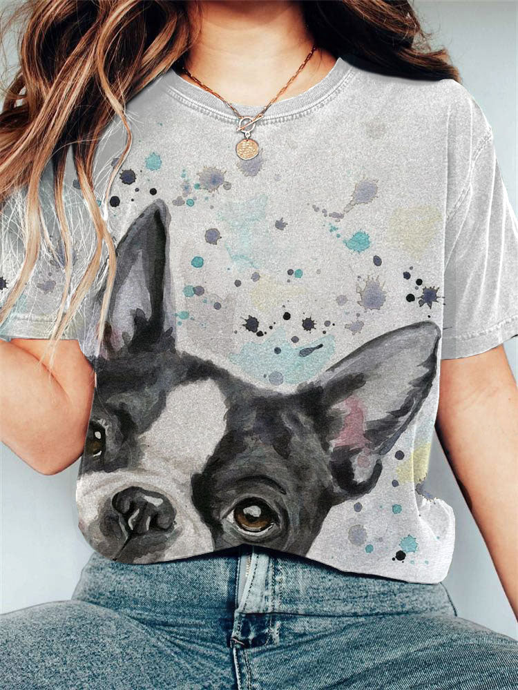 Women's Casual Funny French Bulldog Print T-shirt
