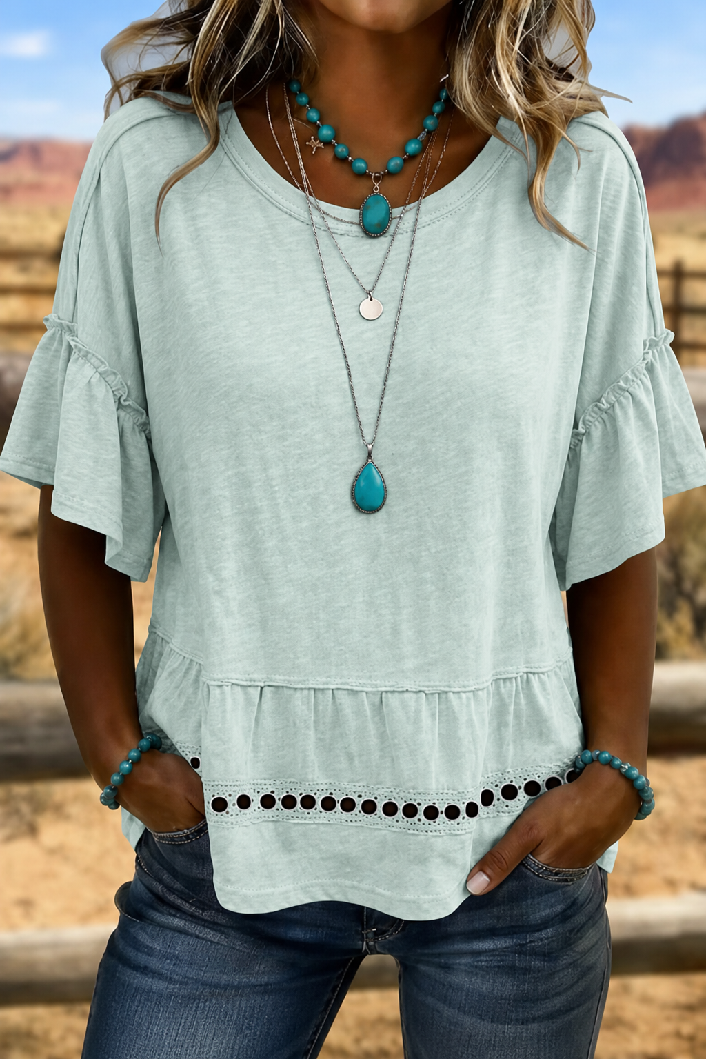 Women'S Retro Art Solid Color Splicing T-Shirt