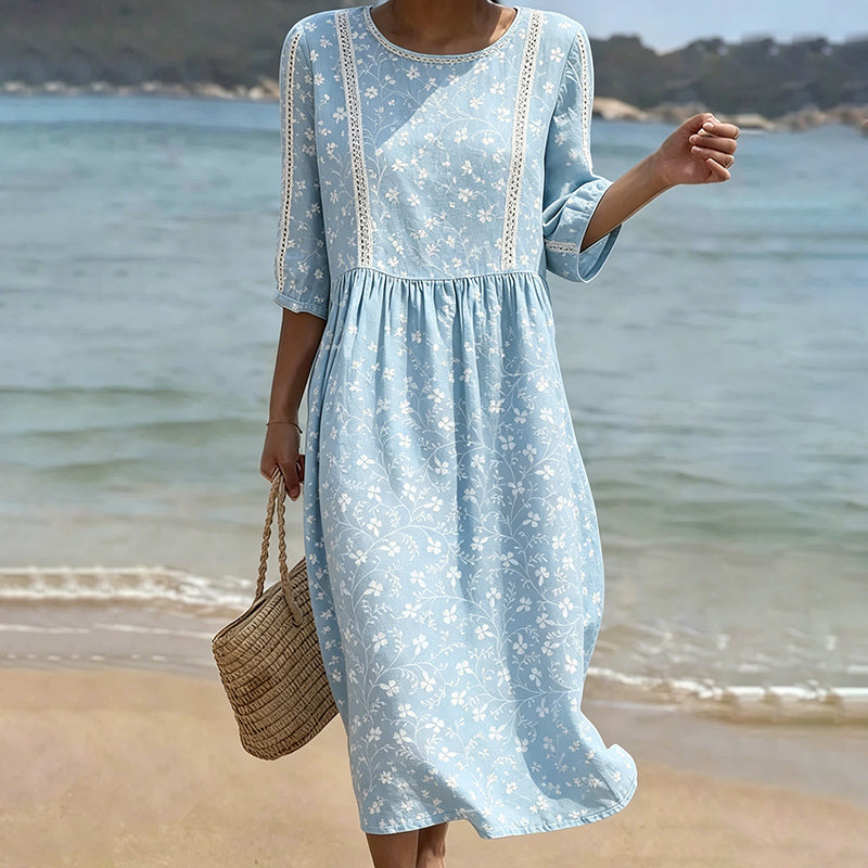 Women's Vintage Bohemian Floral Print Casual Linen Dress